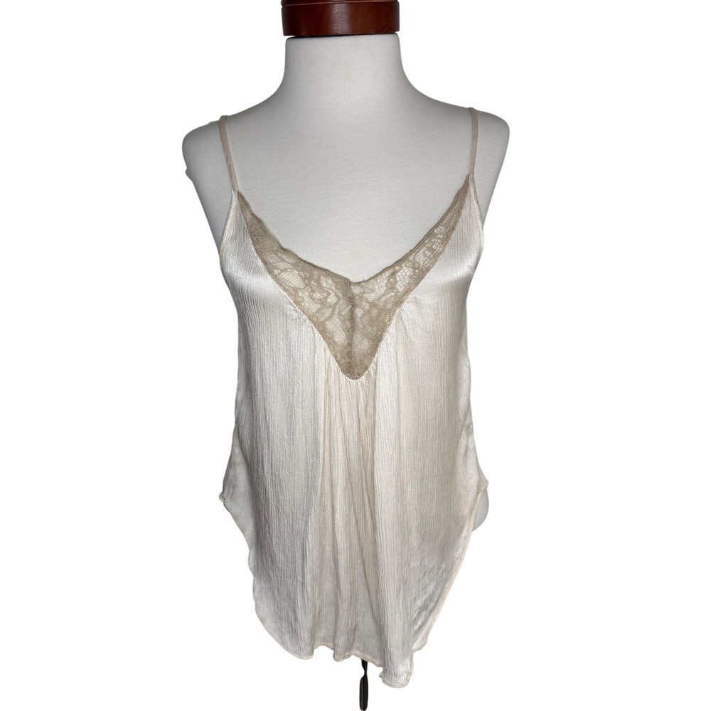 American Eagle Cream Lace Trim Crinkle Camisole Tank Top XS Romantic Coquette‎